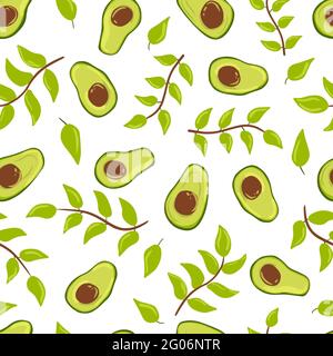Seamless pattern avocado and twigs with leaves. White background. Vector illustration hand drawn Stock Vector