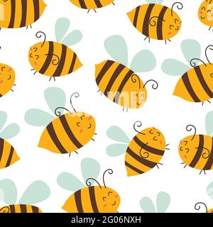 Seamless pattern with happy bees. Vector illustration hand drawn. White background. Wrapping, summer print or fabric texture Stock Vector