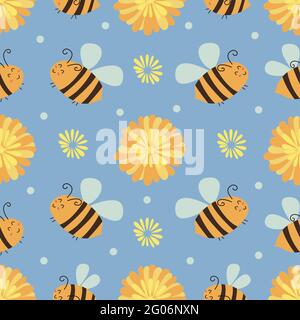 Seamless pattern with yellow asters and happy bees. Vector illustration hand drawn. Blue background. Wrapping, summer print or fabric texture Stock Vector