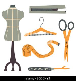 Set of items for sewing clothes. Mannequin and hanger, centimeter and scissors, ripper and zipper. Colorful vector illustration hand drawn isolated. T Stock Vector