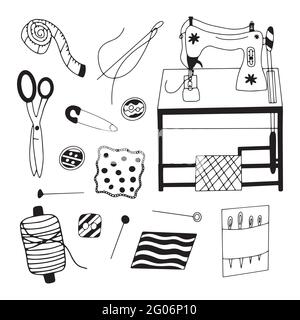 Set of elements for needlework and sewing. Needle and thread, scissors and thimble, sewing machine and fabric, ripper. Black and white vector illustra Stock Vector