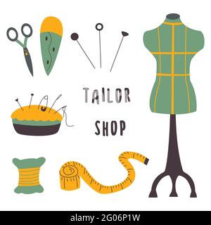 Set of items for sewing clothes. Mannequin and centimeter, scissors and bobbin, pillow for needles, pins and threads. Colorful vector illustration han Stock Vector