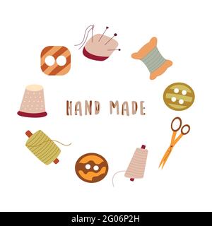 Set of elements for needlework and sewing. Shape of a circle. Inscription hand made. Needle and thread, scissors and button, thimble. Colorful vector Stock Vector