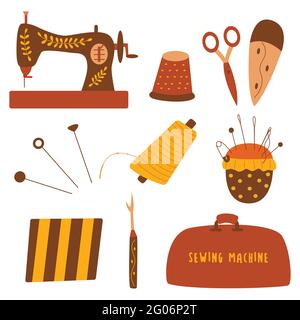 Set of elements for needlework and sewing. Needle and thread, scissors and thimble, sewing machine and fabric, ripper. Colorful vector illustration ha Stock Vector
