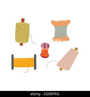 Set of spools of thread for sewing. Colorful vector illustration in hand drawn style isolated. Sewing tools, reel bobbin Stock Vector