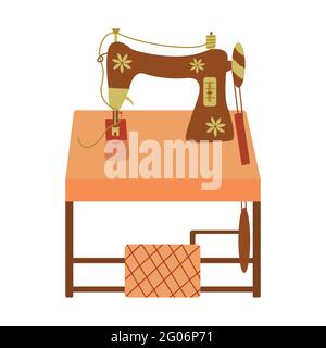 Vintage sewing machine. Antique sewing tool. Table with pedal underneath and wheel. Colorful vector illustration hand drawn isolated single. Sewing ma Stock Vector