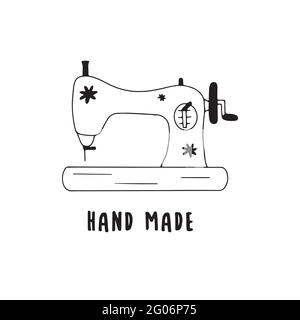 Vintage sewing machine. Inscription hand made. Black and white vector illustration in doodle style isolated single. Sewing tool Stock Vector