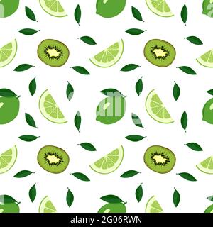 Cute seamless summer citrus and kiwi pattern on a white background. Print with whole lime, wedges and leaves. A set of fruits for a healthy lifestyle Stock Vector