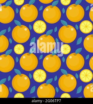 Tropical seamless pattern with orange on a blue background. Fruit repeated texture. Fruit bright print for fabric or wallpaper. Vector illustration Stock Vector