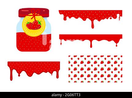 Glass jar with label and red jam. Flowing liquid strawberry jam. Vector seamless pattern Stock Vector