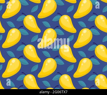 Tropical seamless pattern with mango on a blue background. Fruit repeated texture. Fruits bright print for fabric or wallpaper. Vector illustration Stock Vector