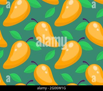 Tropical seamless pattern with mango on a green background. Fruit repeated texture. Fruits bright print for fabric or wallpaper. Vector illustration Stock Vector