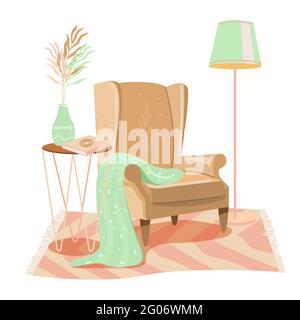 Cozy room interior in pastel colors with armchair. Modern vintage armchair with plaid, table, book, floor lamp. Interior chair isolated on white in fl Stock Vector