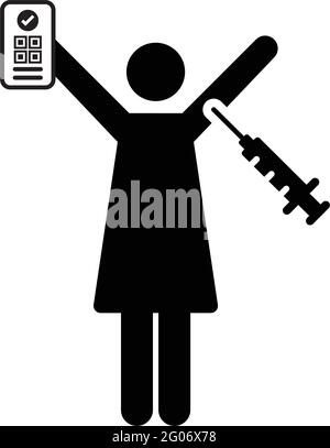 Digital vaccine passport icon vector with female pictogram symbol for medical and healthcare covid certificate in a glyph illustration Stock Vector