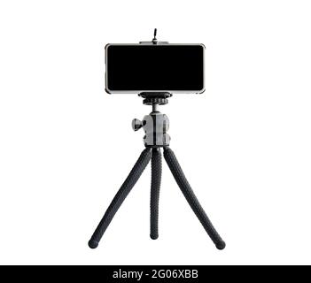 Smart Phone isolated on tripod in white background. blank black screen. copy space Stock Photo
