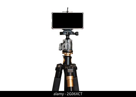 Smartphone on tripod isolate white background. blank black screen. copy space Stock Photo