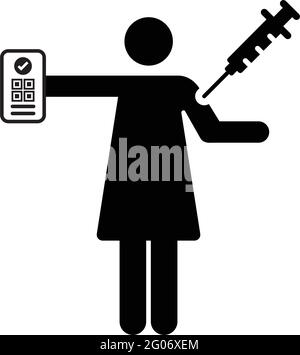 Vaccine card icon vector with female pictogram symbol for medical and healthcare covid certificate in a glyph illustration Stock Vector