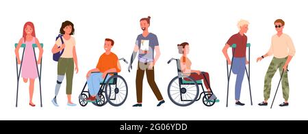 Disabled handicap people vector illustration set. Cartoon smiling man and woman patient handicapped characters standing in row, sitting in wheelchair Stock Vector