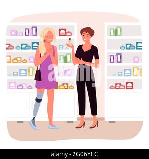 Disabled girl with leg prosthesis shopping, handicapped woman buying cosmetics in shop Stock Vector