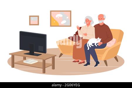Elderly couple people watch tv movie news in home living room, sitting at couch together Stock Vector