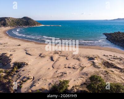 Aerial Remarkable historical sand beach on the mediterranean sea of demre Stock Photo