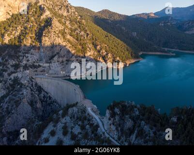 Great Dam on Oymapinar lake, Mountain and Forest in Turkey - Green Canyon in Oymapinar Mount area at Manavgat, Antalya, Turkey. Stock Photo