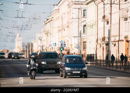 Gomel, Belarus. Traffic on Sovetskaya street in spring sunny day. Stock Photo