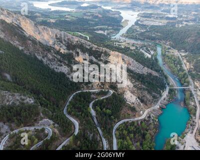 Picturesque Curvy Road and Great Dam on Oymapinar lake, Mountain and Forest in Turkey - Green Canyon in Oymapinar Mount area at Manavgat, Antalya Stock Photo