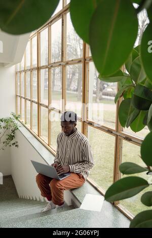 African young man working online on laptop while sitting at office with big glass windows in the background Stock Photo