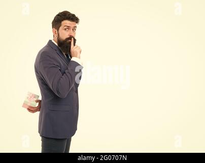 secret gift. businessman in formal suit on party. happy birthday shopping. boxing day. Delivery company business. success and reward. bearded man hold Stock Photo
