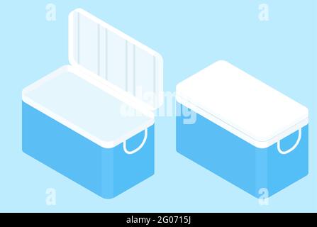 Isometric handheld blue refrigerator isolated on white background. Cartoon cooler box. Stock Vector