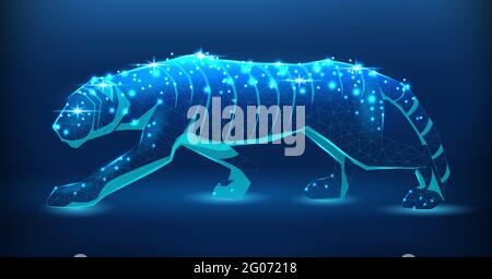 A tiger sneaks, an illustration in a low-poly style. Symbol of 2022, according to the Eastern calendar. Bright wild cat on a dark background. For post Stock Vector