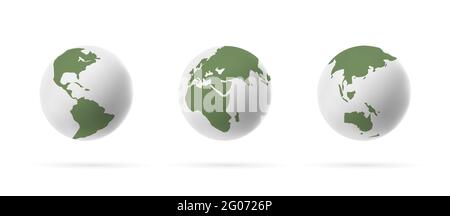 Set of Earth globe 3d icons isolated on light background, stylized white and green colors graphic Stock Vector