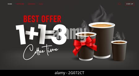 Coffee time web promo banner with paper cups take away and one free, paper sticky letters typography Stock Vector