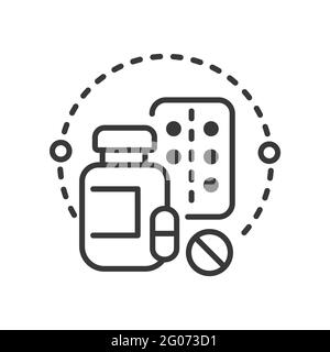 Pills and vitamins - line design single isolated icon on white background. High quality black pictogram. Image of bottle, tablets, blister. Treatment, Stock Vector