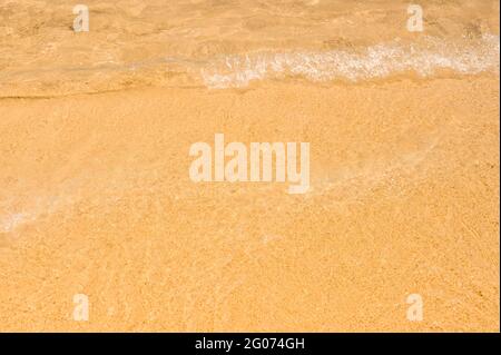 oncoming soft wave. fine yellow sand on the beach under the sun. summer background. copy space. Abstract Background of Beach Ocean Water Stock Photo