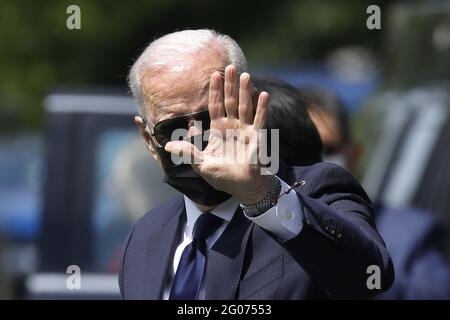 Washington, United States. 01st June, 2021. U.S. President Joe Biden arrives to board Marine One helicopter as he departs the White House en route Tulsa, Oklahoma from the Ellipse in Washington on Tuesday, June 1, 2021. Photo by Yuri Gripas/UPI Credit: UPI/Alamy Live News Stock Photo