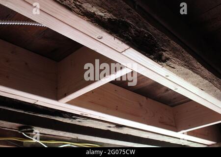 Termite Damaged Joists Reinforced with Sistering Stock Photo