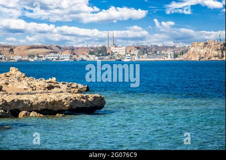 panorama Sharm el Sheikh from the sea. beautiful seascape of the resort town on the Sinai peninsula on the red sea. summer travel background Stock Photo