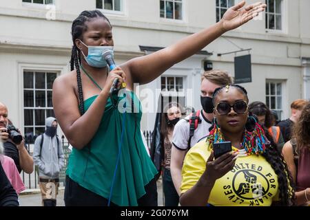 London, UK. 29th May, 2021. A speaker addresses fellow civil rights and other activists outside the British Museum about looted artefacts contained within their collections during a Kill The Bill National Day of Action in protest against the Police, Crime, Sentencing and Courts (PCSC) Bill 2021. Credit: Mark Kerrison/Alamy Live News Stock Photo