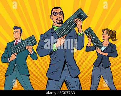 businessmen with a computer keyboard. Internet business. Advanced PC User. black man in the foreground Stock Vector