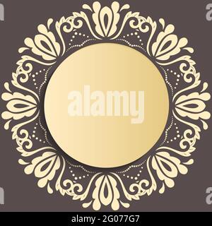 Round vector frame with floral elements and arabesques. Pattern with golden arabesques. Golden greeting card Stock Vector