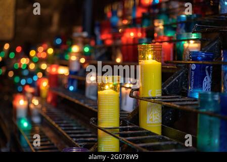Candles on the Ave Maria Corridor of the Montserrat Abbey (Barcelona, Catalonia, Spain) ESP: Cirios en el Camino del Ave María de Montserrat Stock Photo