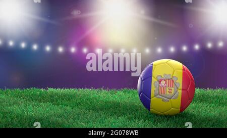 Soccer ball in flag colors on a bright blurred stadium background. Andorra. 3D image Stock Photo