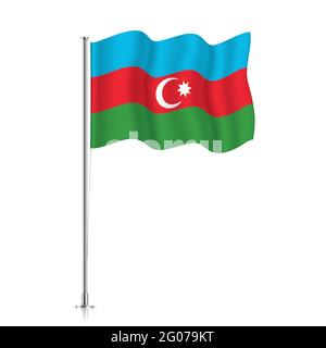 Azerbaijan flag waving on a metallic pole. The official flag of Azerbaijan, isolated on a white background. Stock Vector