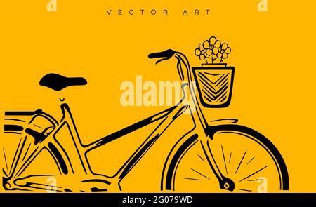 Vector illustration of a bicycle with flowers in a basket. Modern wall art, poster or banner. The concept of world bike day. Stock Vector