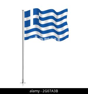 Greece flag waving on a metallic pole. The official flag of Greece, isolated on a white background. Stock Vector