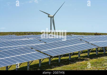 Solar panels and wind turbines for the production of renewable and low-polluting energy. Collarmele, province of L'Aquila, Abruzzo, Italy, Europe Stock Photo