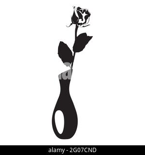 Rose flower in vase black silhouette vector illustration. Blooming garden flower Stock Vector