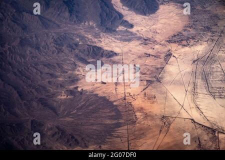 Aerial view of dirt roads in the desert, flying over the Sierra Madre Oriental, Coahuila, northern Mexico Stock Photo